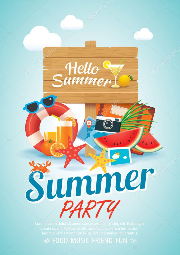 summer beach party invitation poster background elements and woo