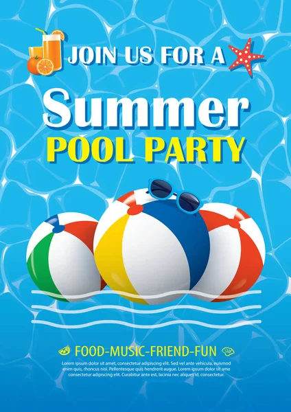 Cartel invitación fiesta piscina con agua azul. Vector verano — Vector de stock