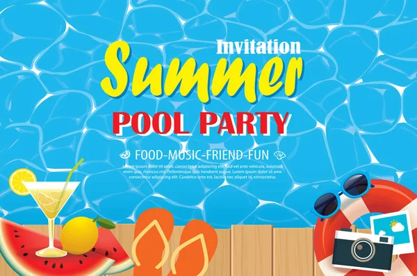 Cartel de invitación para fiesta en la piscina con agua azul y madera. Vector — Vector de stock