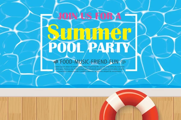Cartel invitación fiesta piscina con agua azul. Vector verano espalda — Vector de stock