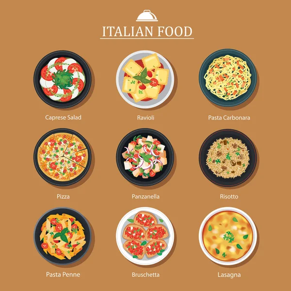 Set desain makanan flat Italia. Latar belakang ilustrasi vektor . - Stok Vektor