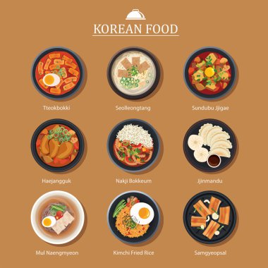 Kore yemeği düz tasarım kümesi. Asya sokak gıda illüstrasyon ba
