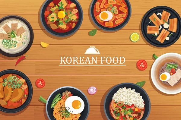 Korean food on a wooden table background. Vector illustration to — Stock Vector