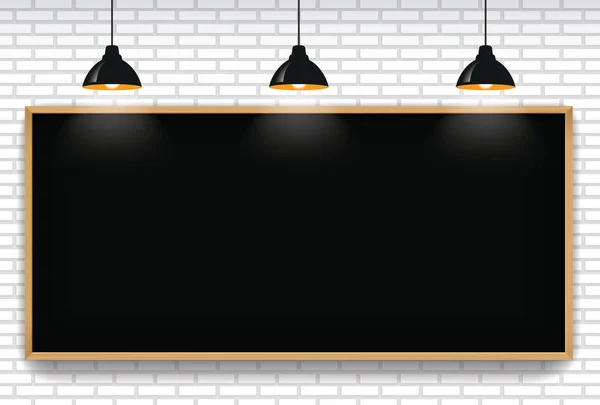 Blank blackboard in white brick wall background with 3 hanging l — Stock Vector