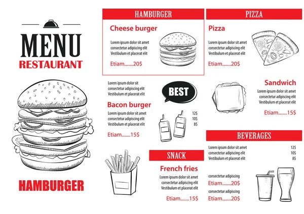 Modello di design del menu fast food. Ristorante o caffè hamburger — Vettoriale Stock