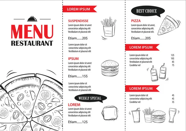 Modello di design del menu fast food. Copertura ristorante o caffetteria pizza — Vettoriale Stock