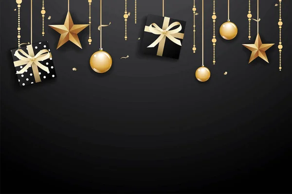 Prettige kerstdagen en gelukkig Nieuwjaar op donkere achtergrond met luxur — Stockvector