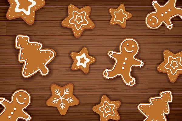 Gingerbread man on wooden table background. Merry christmas holi — Stock Vector