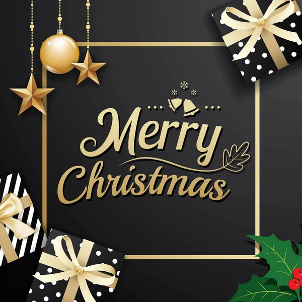 Adorno de decoración de Navidad de oro alegre con caja de regalo en negro — Vector de stock