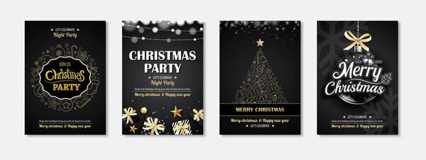 Merry christmas greeting card and party invitations on black 
