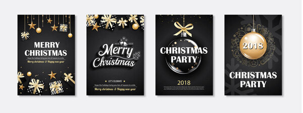 Merry christmas greeting card and party invitations on black 