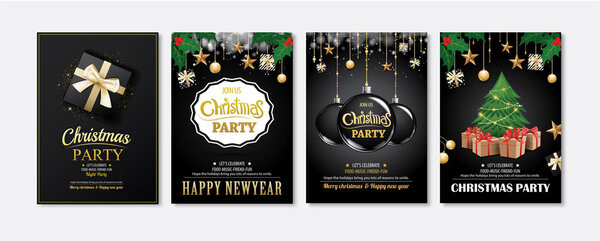 Merry christmas greeting card and party invitations on black bac
