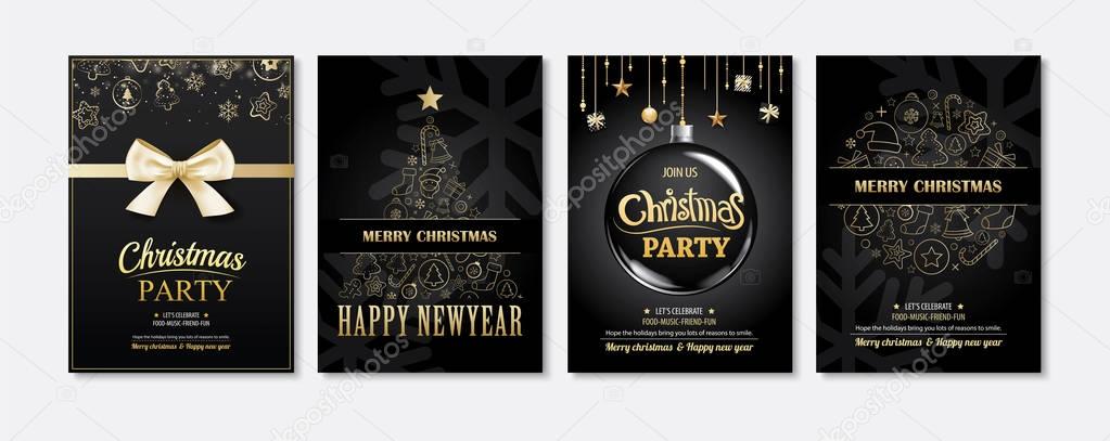 Merry christmas greeting card and party invitations on black bac