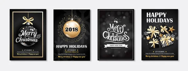 Merry christmas greeting card and party invitations on black bac — Stock Vector