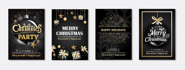 Feliz Navidad tarjeta de felicitación e invitaciones de fiesta en bac negro — Archivo Imágenes Vectoriales