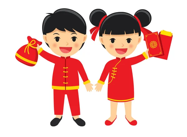 Feliz chico y chica en tradicional ropa celebrar obtener chino — Vector de stock