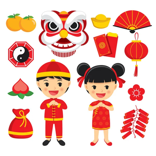 Happy chinese new year decoration traditional symbols set with c — Stock Vector