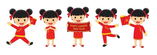 Feliz año nuevo chino chica en ropa tradicional celebrar. Se — Vector de stock