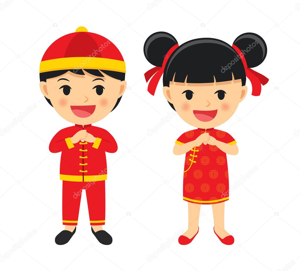 Happy chinese new year boy and girl in traditional clothes celeb