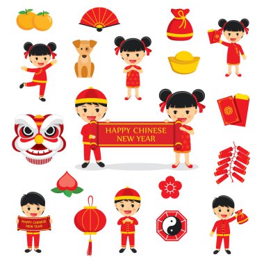 Mutlu Çin yeni yılı dekorasyon geleneksel semboller c ile ayarla