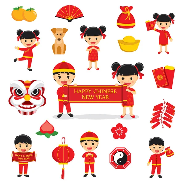 Happy chinese new year decoration traditional symbols set with c — Stock Vector