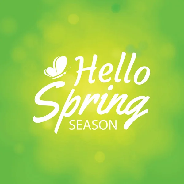 Ciao primavera su sfondo verde bokeh. Design biglietto di auguri arguzia — Vettoriale Stock