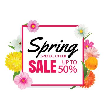 Bahar satış afiş kartı şablonu ile renkli çiçek çerçeve geri