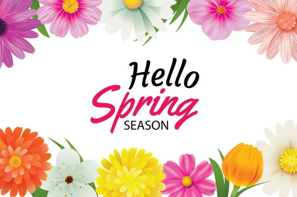 Hello spring season greeting card with colorful flower frame bac — Stock Vector