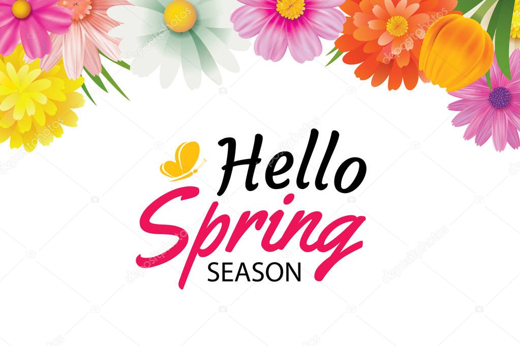 Hello spring season greeting card with colorful flower frame bac