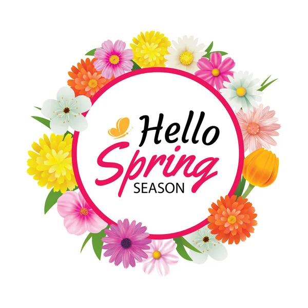 Hello spring circle frame greeting card and flowers decoration. — Stock Vector