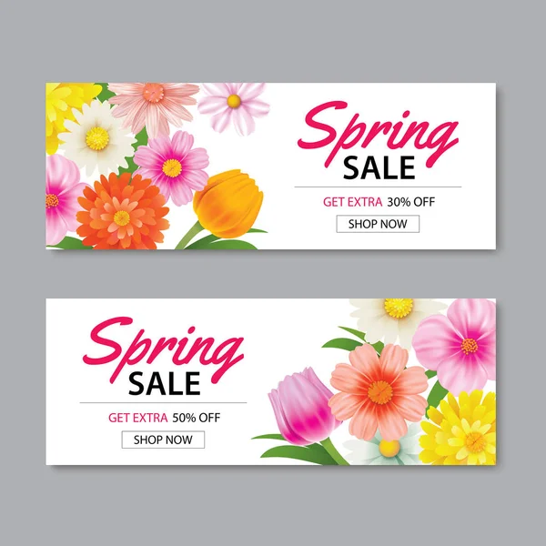Vårens försäljning banner mall med färgstarka blomma. Kan vara användning vouc — Stock vektor