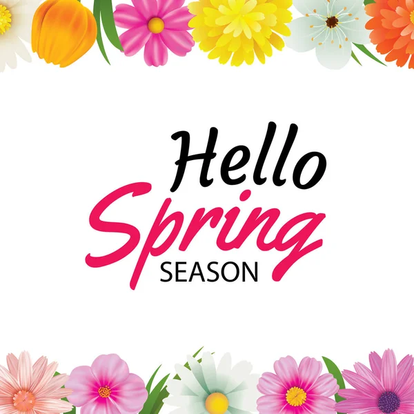 Hola tarjeta de felicitación de temporada de primavera con colorido bac marco de flores — Vector de stock