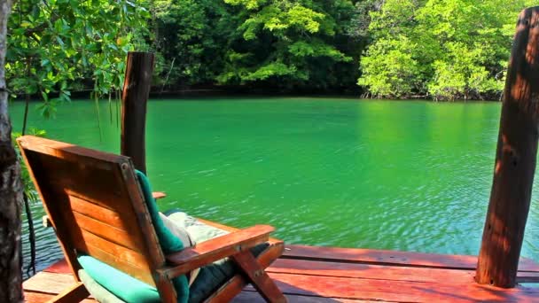 Wooden Chair Seats River See Water Views Thailand Summer Background — Stock Video