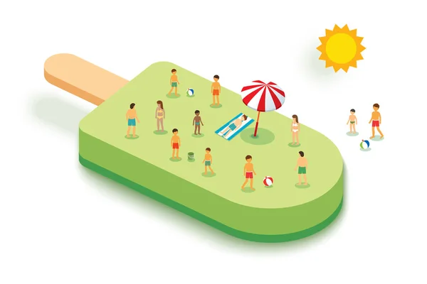 Ice cream for summer. Vacation concept with people on green — Stock Vector