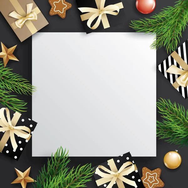 Kerstboom takken en geschenkdoos met witte ruimte voor tekst — Stockvector