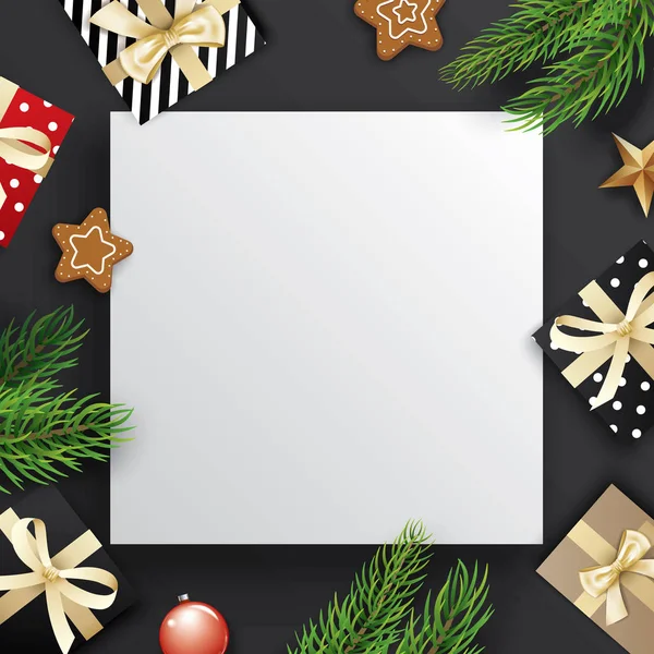 Kerstboom takken en geschenkdoos met witte ruimte voor tekst — Stockvector