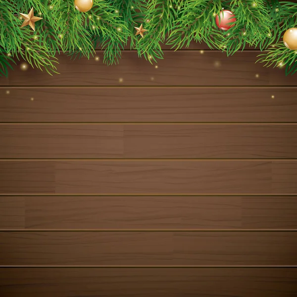 Vánoční pozadí s jedlovou větví na hnědém dřevě a prostoru — Stockový vektor