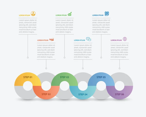 6 okręgu infografiki z abstrakcyjnym szablonem osi czasu. — Wektor stockowy