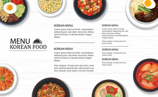 韩国菜菜单餐厅的白色木制餐桌顶部模板背景 用于海报 印刷品 小册子 — 图库矢量图片