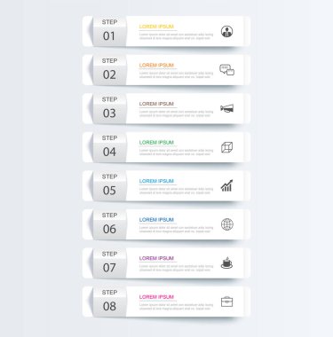 8 veri bilgisel sekme kağıt indeks şablonu. Vektör illüstrasyon soyut arkaplan. İş akışı düzeni, iş adımı, afiş, web tasarımı için kullanılabilir.