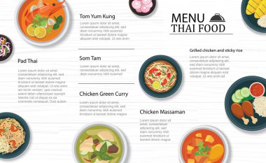 Beyaz ahşap masa şablonunda Tayland yemeği menüsü restoranı. Poster, baskı, broşür için kullan.