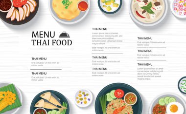 Beyaz ahşap masa şablonunda Tayland yemeği menüsü restoranı. Poster, baskı, broşür için kullan.