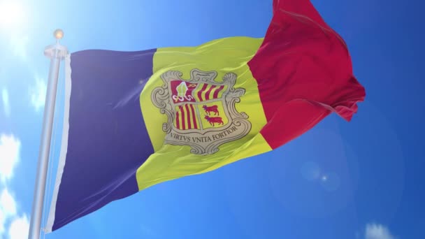 Bandera Animada Andorra Viento Con Cielo Azul Fondo Pantalla Verde — Vídeo de stock