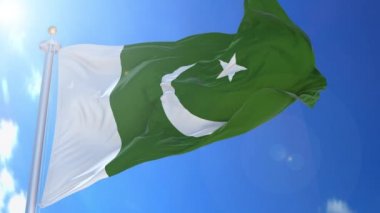 Arka planda mavi gökyüzü, mavi ekran, mavi ekran veya izole arkaplan ve arka planda bayrak bulunan Pakistan animasyon bayrağı, hepsi tek bir animasyon sırt çantasında.
