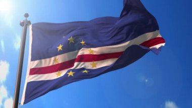 Arka planda mavi gökyüzü, mavi ekran, mavi ekran ya da izole arkaplan ve arka plandaki bayrak hepsi tek bir hareketli bayrak paketi içinde Cape Verde canlandırılmış bayrak.