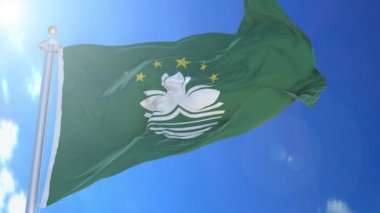 Arka planda mavi gökyüzü, mavi ekran, mavi ekran veya izole arkaplan ve tüm arka planda bayrak, hepsi tek bir animasyon bayrak paketi içinde Macau animasyon bayrağı.