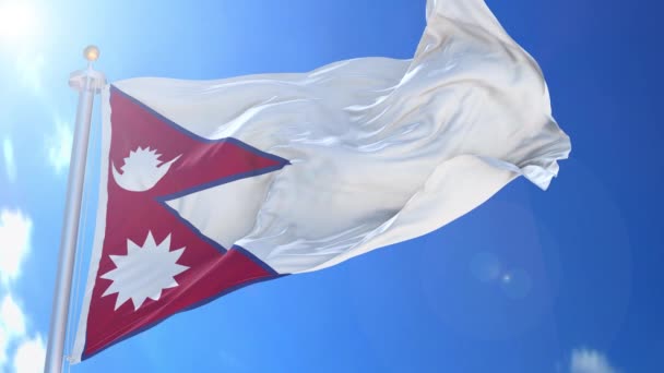 Непал Анимированный Флаг Ветру Голубым Небом Фоне Зеленый Экран Синий — стоковое видео