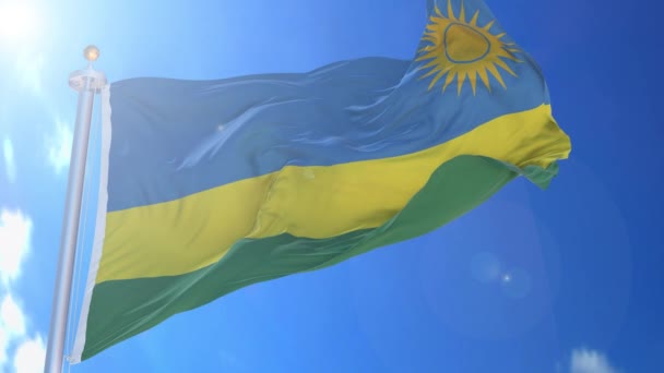 Rwanda Animerad Flagga Vinden Med Blå Himmel Bakgrunden Grön Skärm — Stockvideo