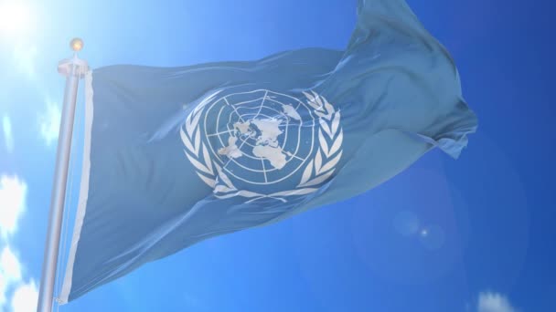 Bandera Animada Las Naciones Unidas Viento Con Cielo Azul Fondo — Vídeo de stock