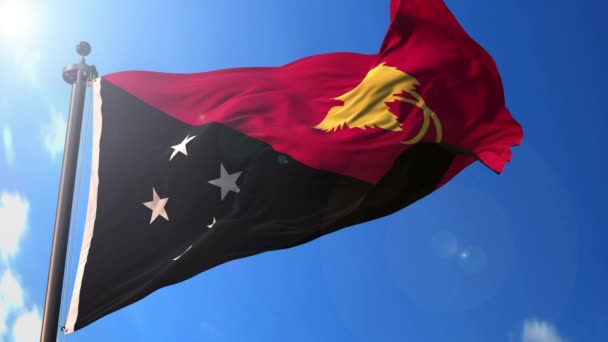 Papua Nueva Guinea Bandera Animada Viento Con Cielo Azul Fondo — Vídeo de stock